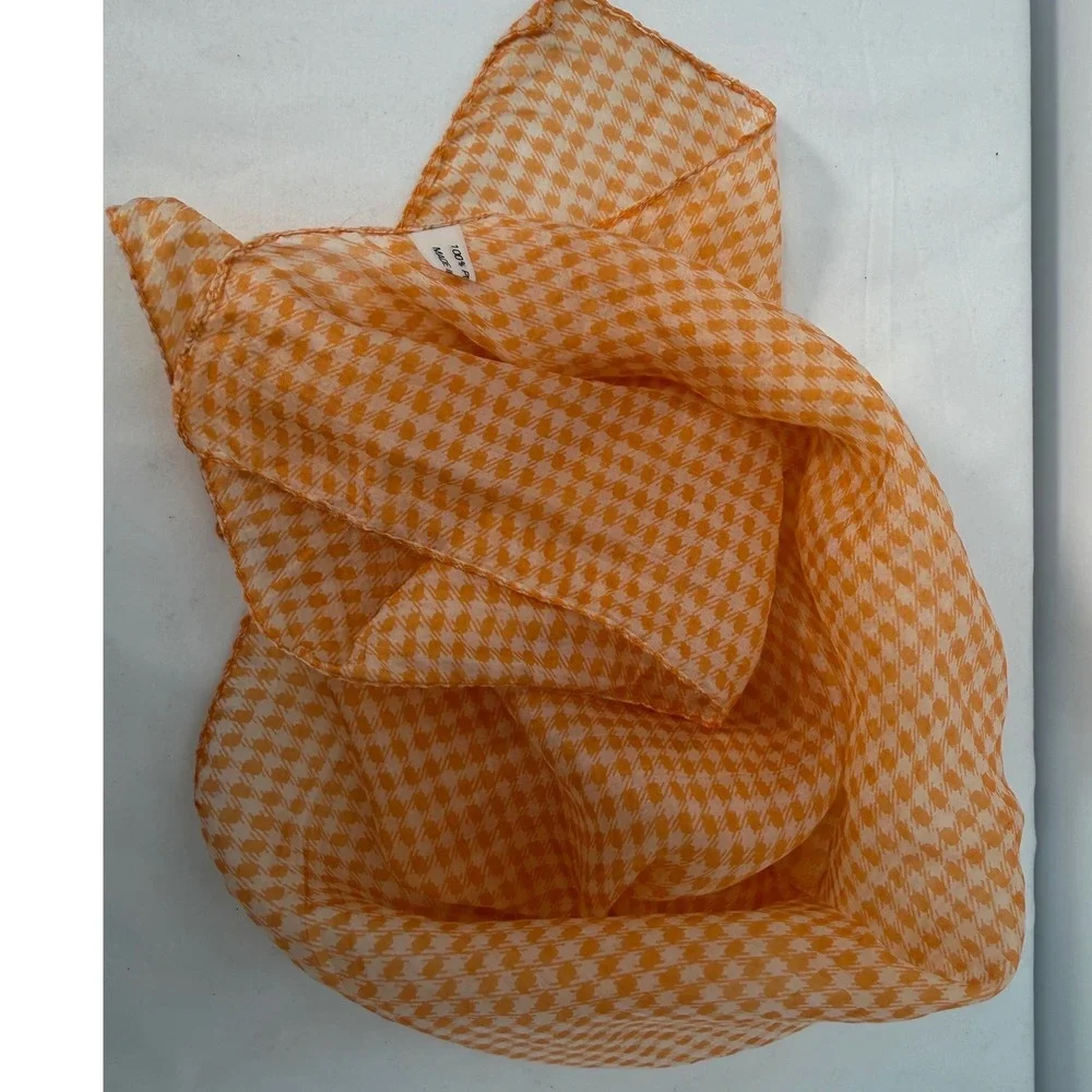 Vintage 100% Pure Silk Orange Houndstooth Square Scarf Neckerchief Preppy 105-31
